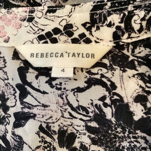 Rebecca‎ Taylor Top Size 4 Black & White Floral Silk Blouse Long Sleeve - Picture 2 of 8